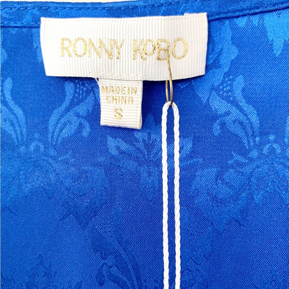 🔵 Ronny Kobo Royal Blue Damask Pattern Satin Eugenia Crop Top Blouse NEW… - Picture 7 of 11